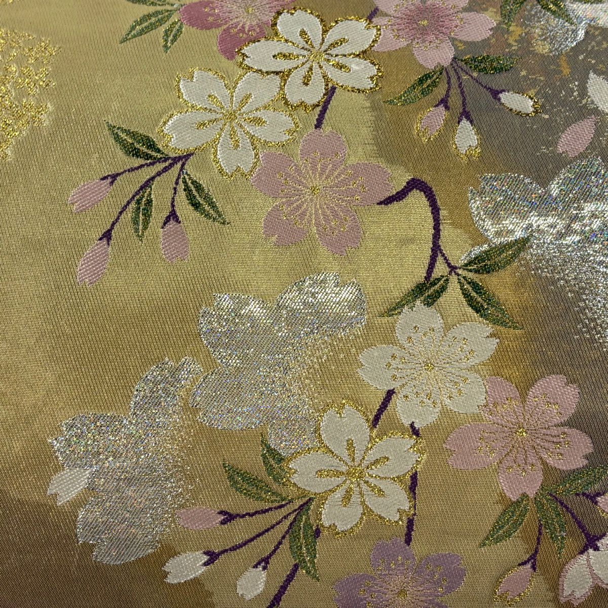 【美品】 袋帶 秀品級 大和 樱花 樱花花瓣 金金箔 金色 六通 純蠶絲