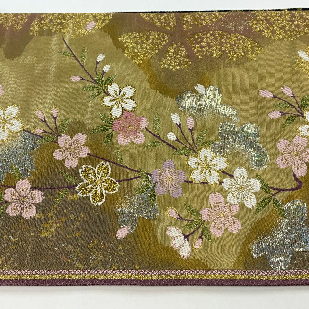 【美品】 袋帶 秀品級 大和 樱花 樱花花瓣 金金箔 金色 六通 純蠶絲
