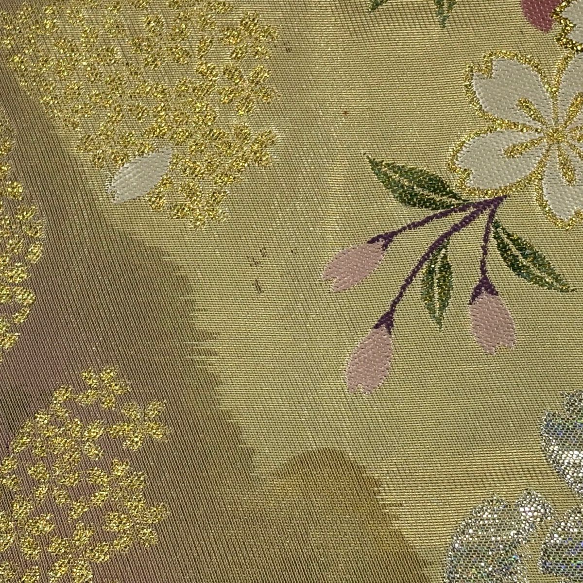 【美品】 袋帶 秀品級 大和 樱花 樱花花瓣 金金箔 金色 六通 純蠶絲