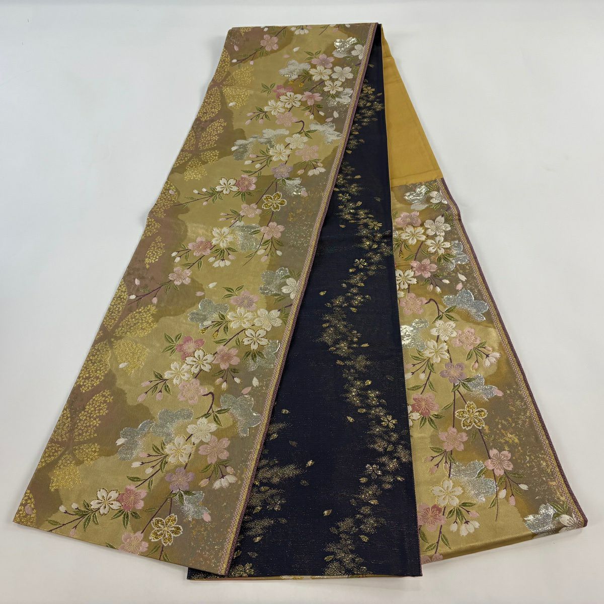 【美品】 袋帶 秀品級 大和 樱花 樱花花瓣 金金箔 金色 六通 純蠶絲
