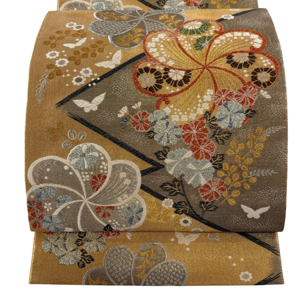 【美品】 袋帶 秀品級 草花紋紋 蝶 金金箔 唐織 金 六通 純蠶絲