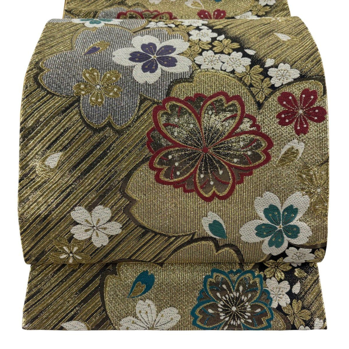 【美品】 袋帶 秀品級 櫻花 斜紋 唐織 金金箔 黑 六通 純蠶絲