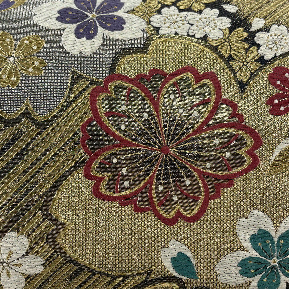 【美品】 袋帶 秀品級 櫻花 斜紋 唐織 金金箔 黑 六通 純蠶絲