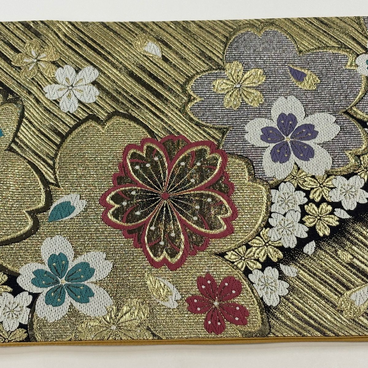 【美品】 袋帶 秀品級 櫻花 斜紋 唐織 金金箔 黑 六通 純蠶絲