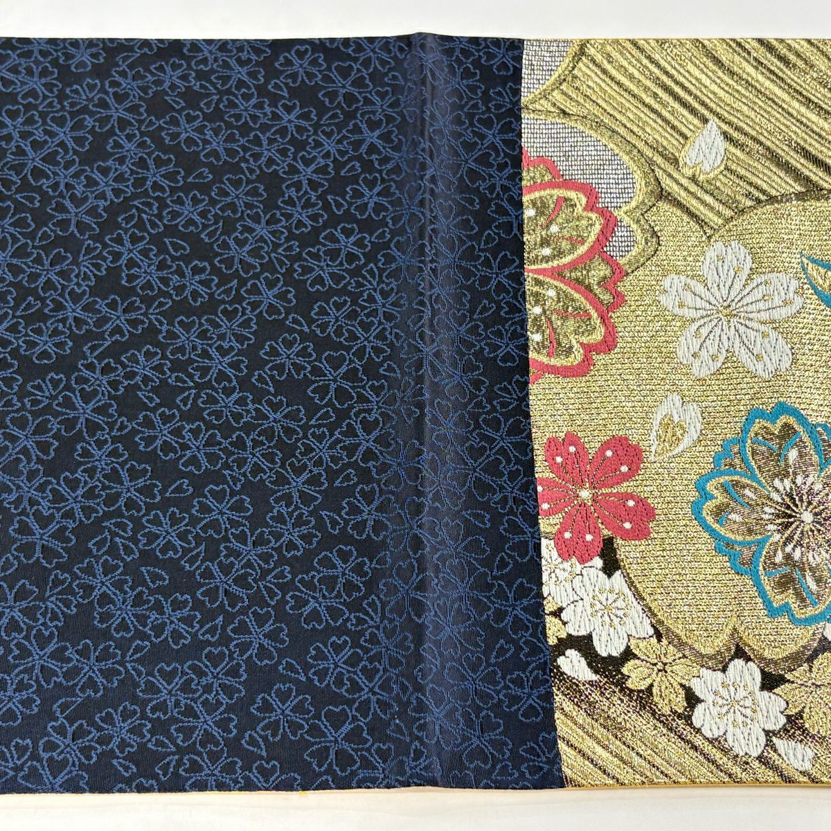 【美品】 袋帶 秀品級 櫻花 斜紋 唐織 金金箔 黑 六通 純蠶絲