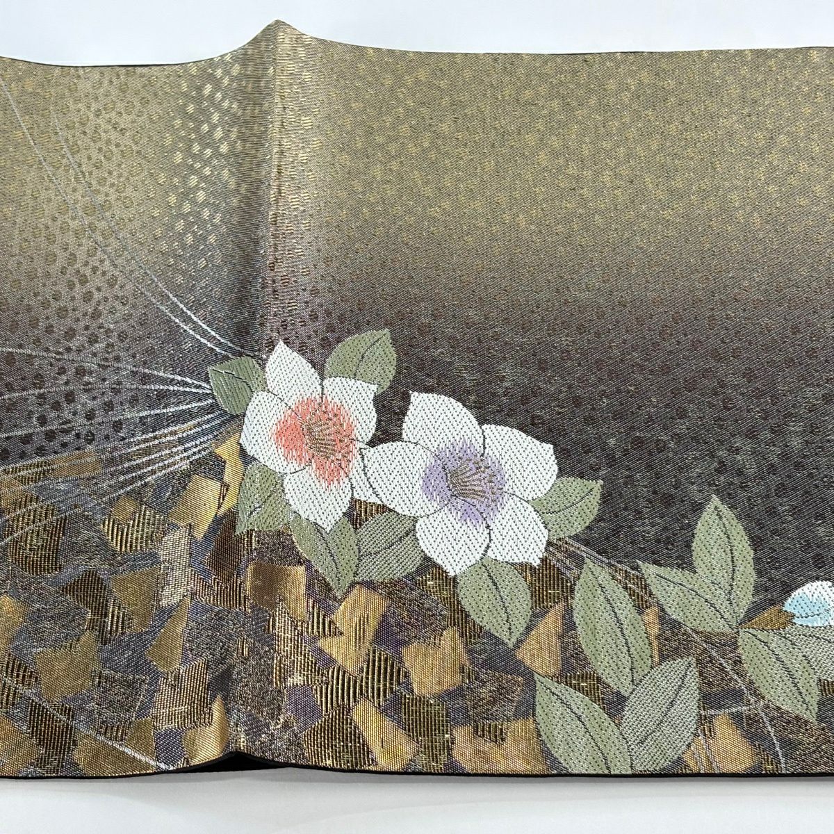 【美品】 袋帶 秀品級 草花紋紋 金金箔散佈 唐織 金色 六通 純蠶絲