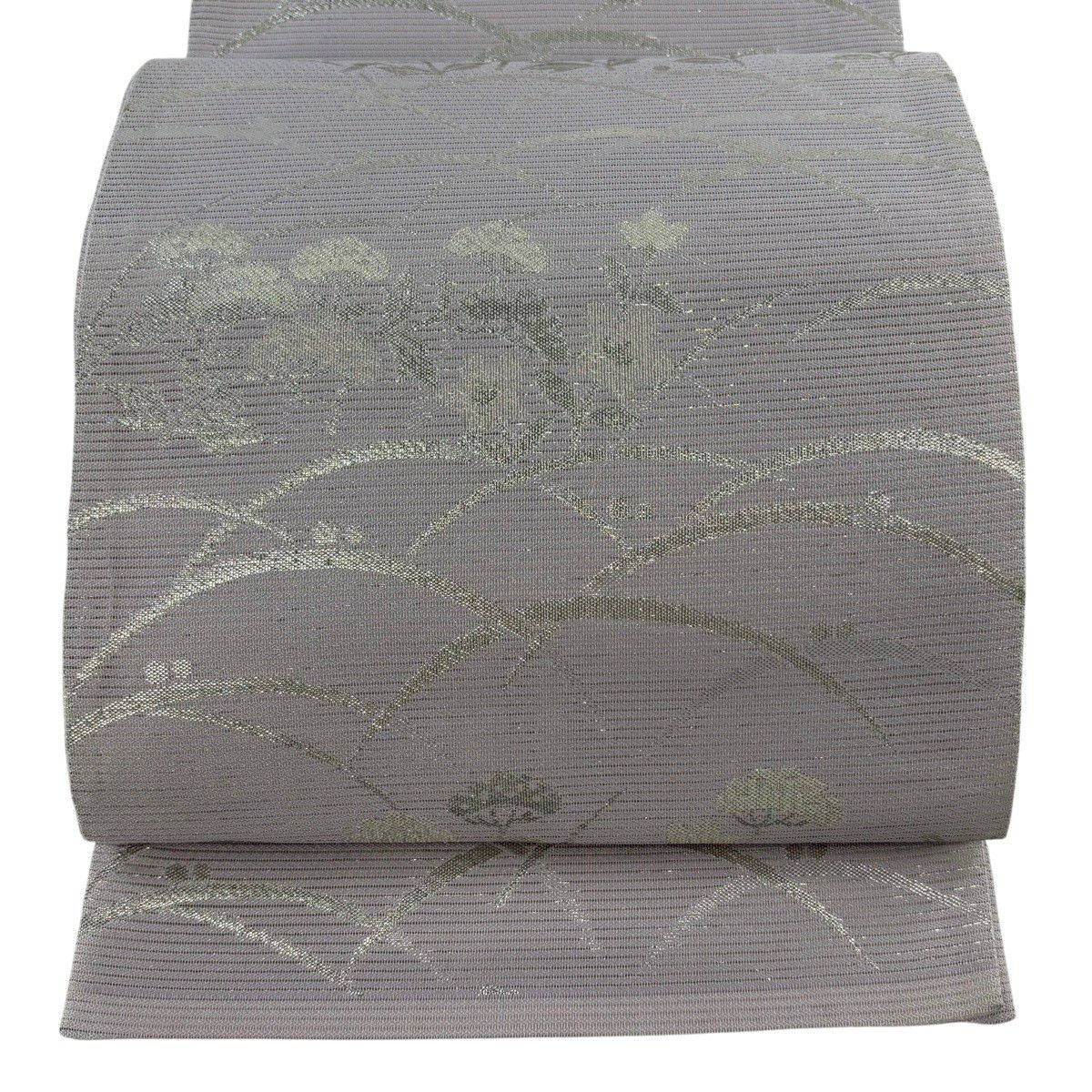 【美品】 袋帶 秀品級 夏帶 絽 秋草 芝 金金箔 灰紫 六通 純蠶絲