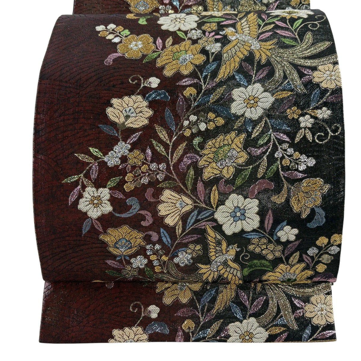 【美品】 袋帶 秀品級 花鳥 波 金金箔 唐織 黑 六通 純蠶絲