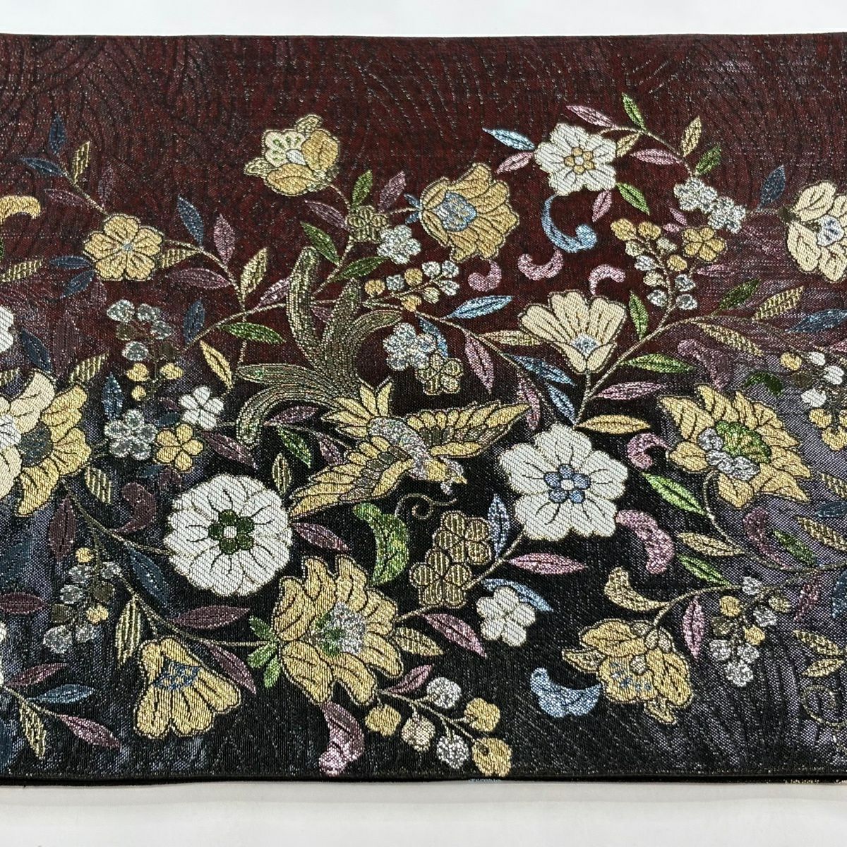 【美品】 袋帶 秀品級 花鳥 波 金金箔 唐織 黑 六通 純蠶絲