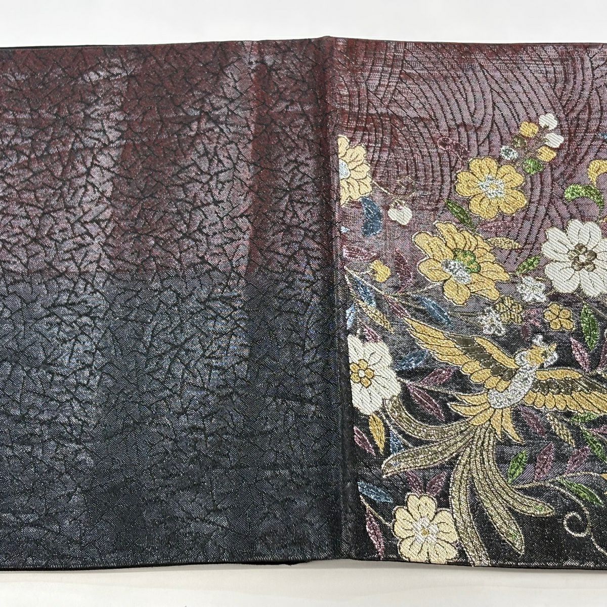 【美品】 袋帶 秀品級 花鳥 波 金金箔 唐織 黑 六通 純蠶絲