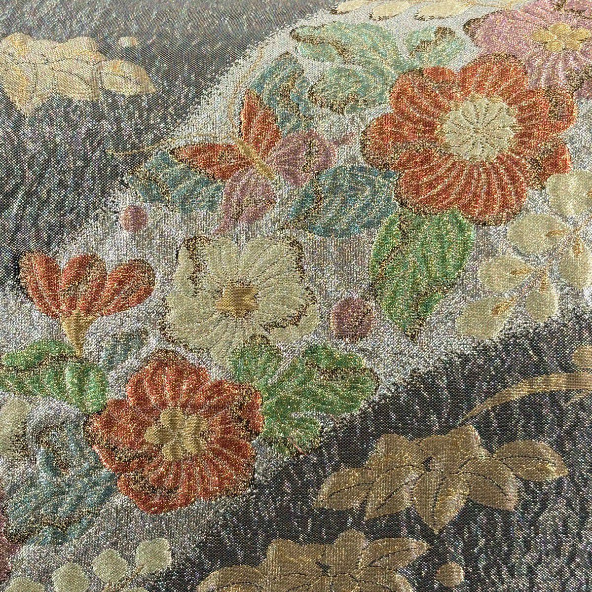 【美品】 袋帶 優品級 辻花染圖案 蝴蝶 金絲 金金箔 銀 六通 純蠶絲