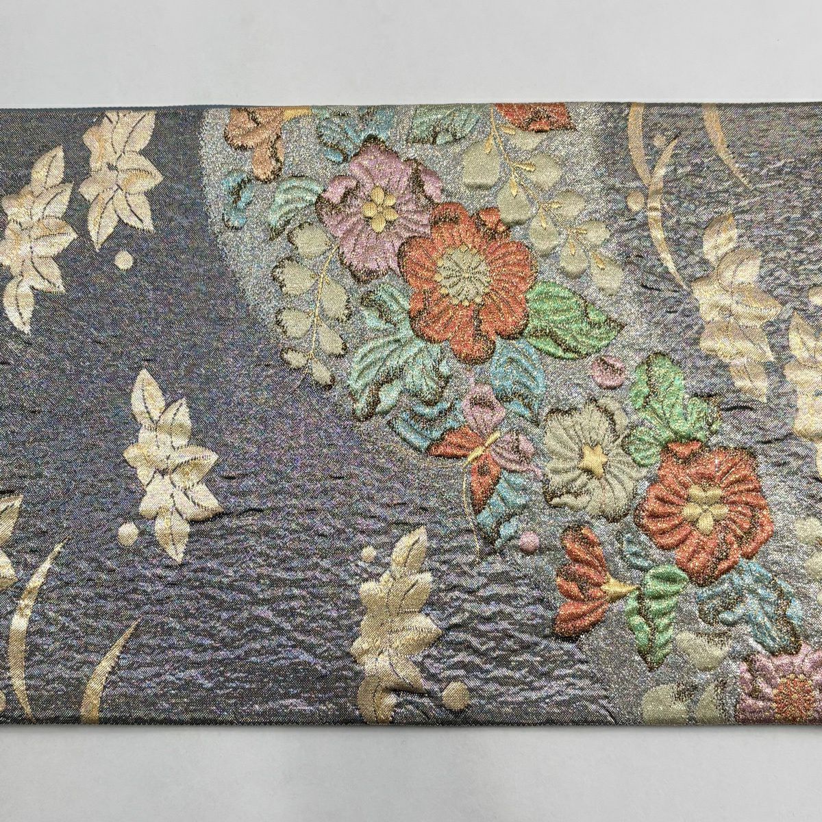 【美品】 袋帶 優品級 辻花染圖案 蝴蝶 金絲 金金箔 銀 六通 純蠶絲