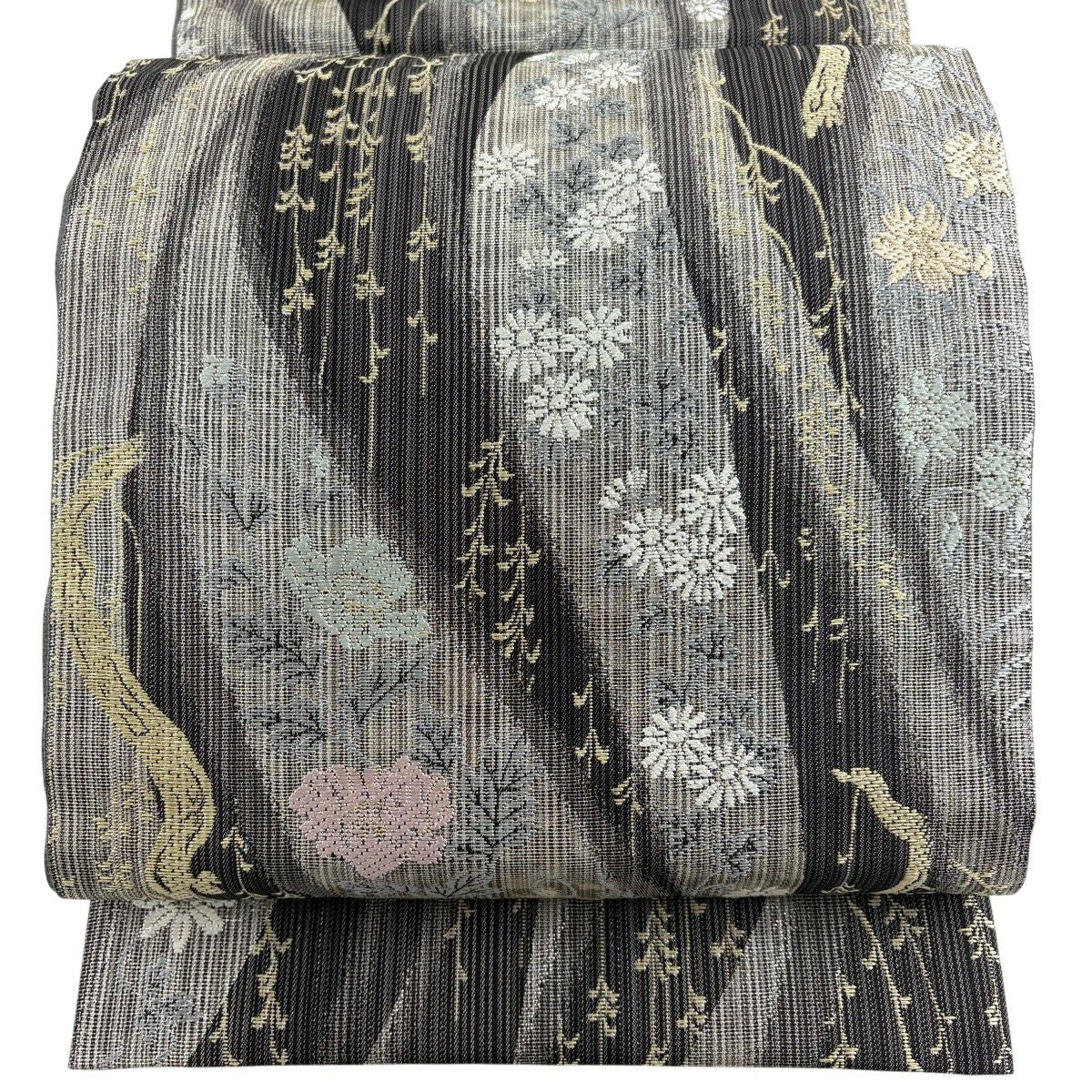【美品】 袋帶 秀品級 草花紋 柳 銀線 黑灰 六通 純蠶絲