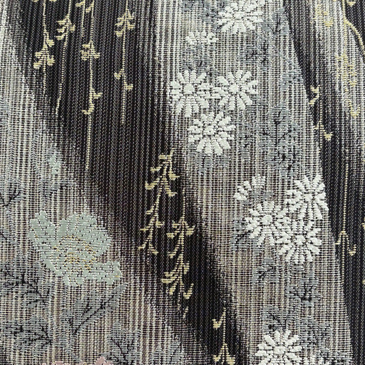 【美品】 袋帶 秀品級 草花紋 柳 銀線 黑灰 六通 純蠶絲