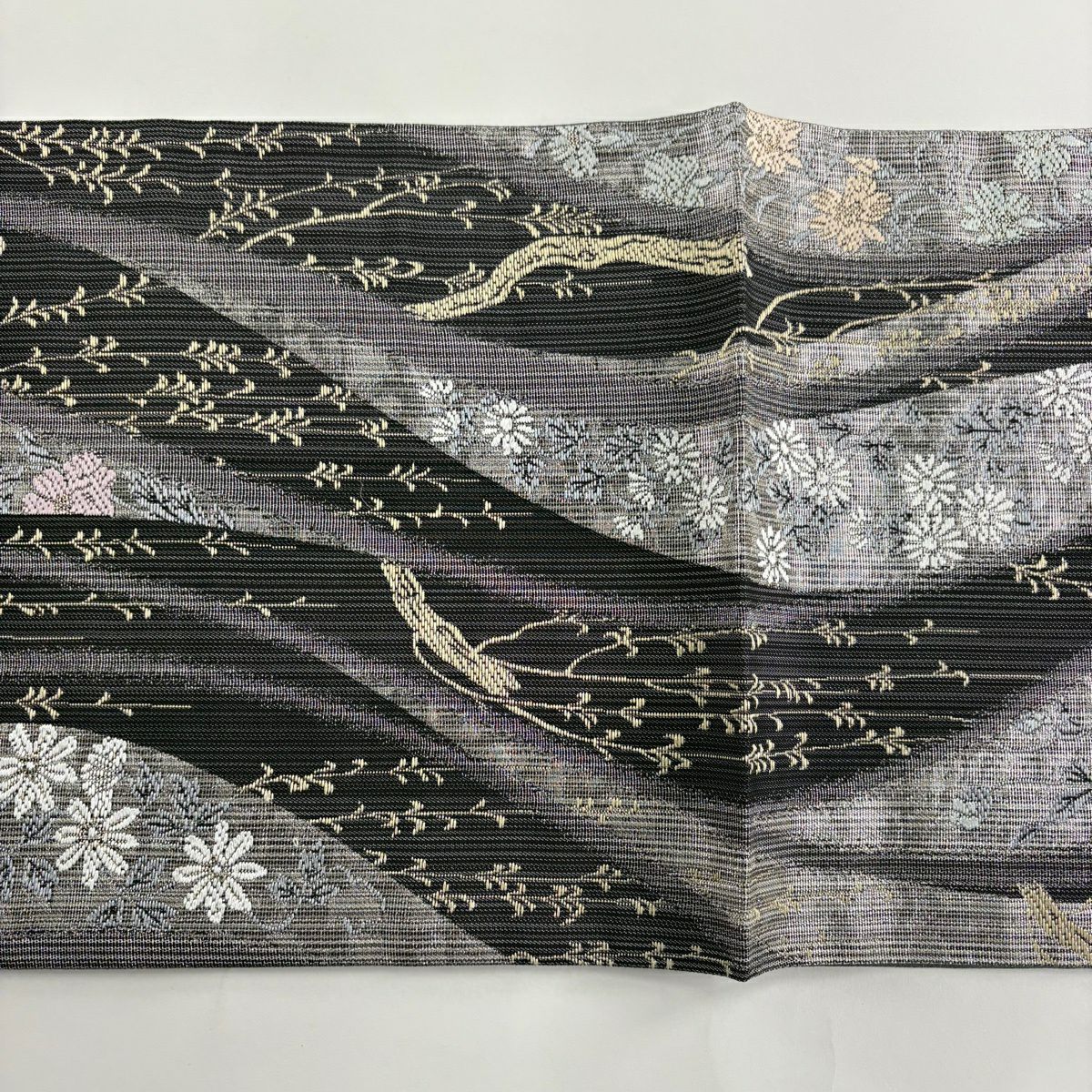 【美品】 袋帶 秀品級 草花紋 柳 銀線 黑灰 六通 純蠶絲