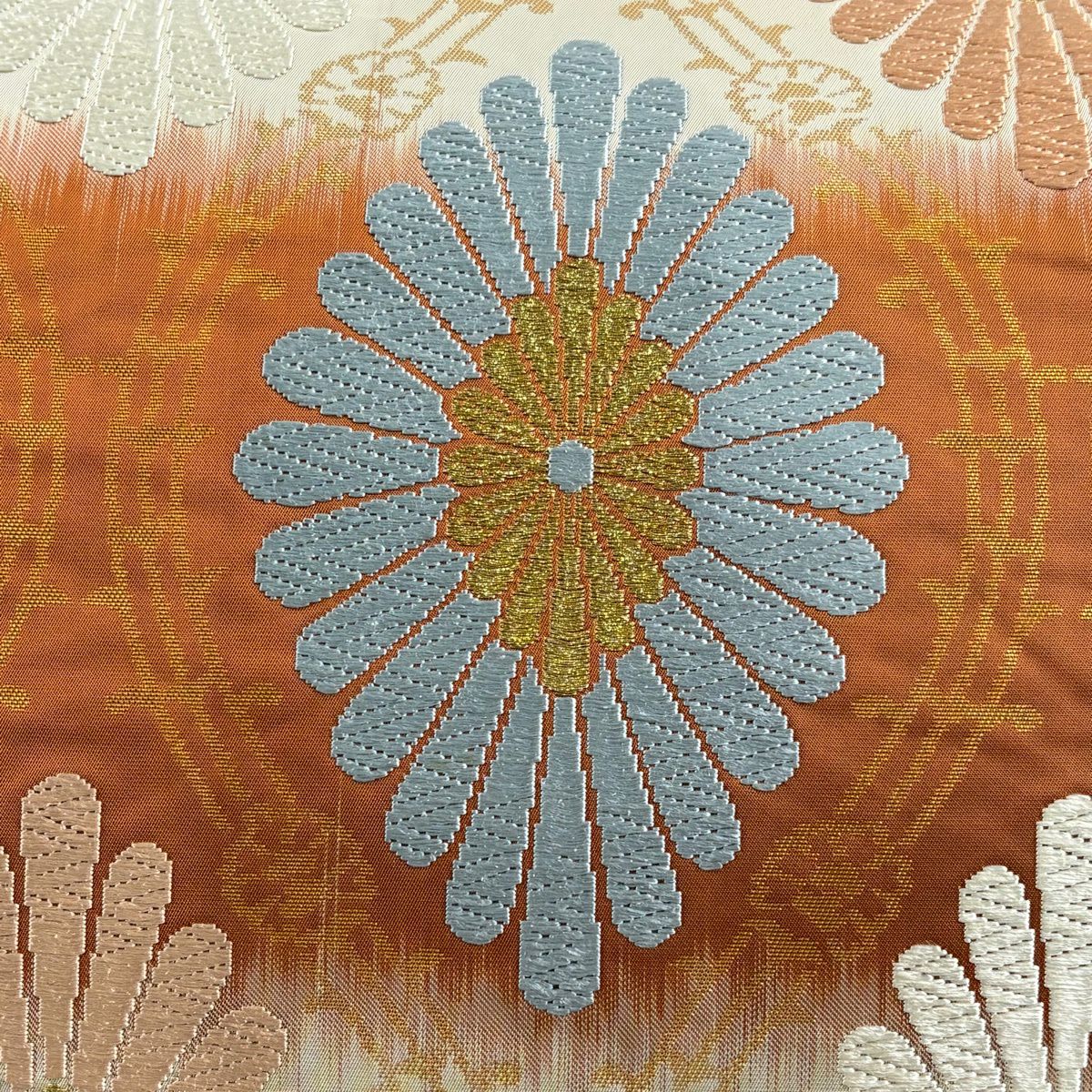 袋帶 秀品級 花 幾何圖案 金絲 金金箔 米色 六通 純蠶絲
