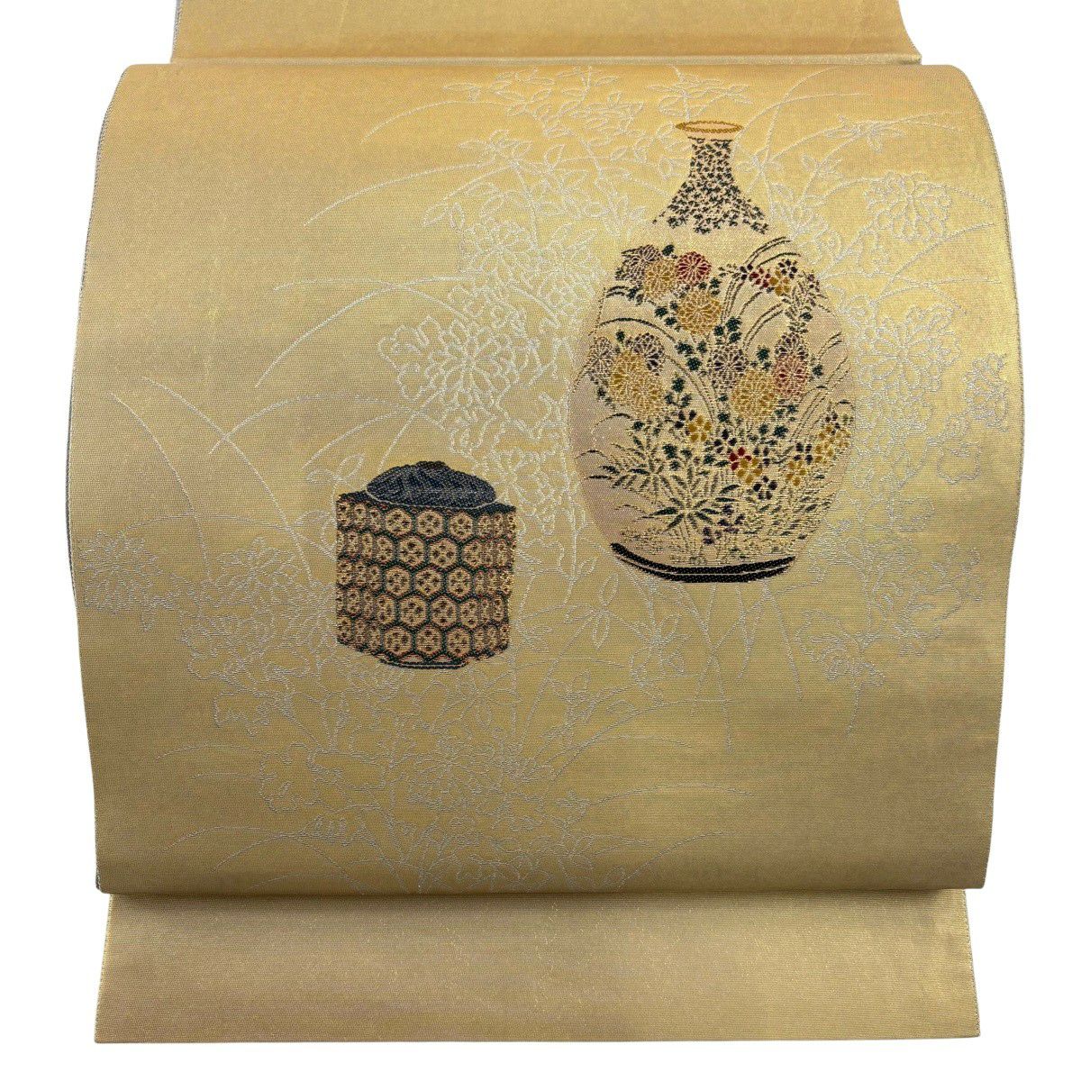 袋帶 秀品級 松樹尾光琳 落款 草花紋 陶器 金金箔 金色 大鼓圖案 純蠶絲