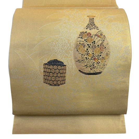 袋帶 秀品級 松樹尾光琳 落款 草花紋 陶器 金金箔 金色 大鼓圖案 純蠶絲