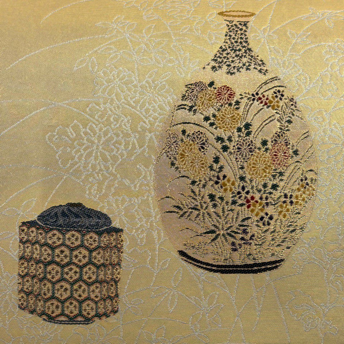 袋帶 秀品級 松樹尾光琳 落款 草花紋 陶器 金金箔 金色 大鼓圖案 純蠶絲