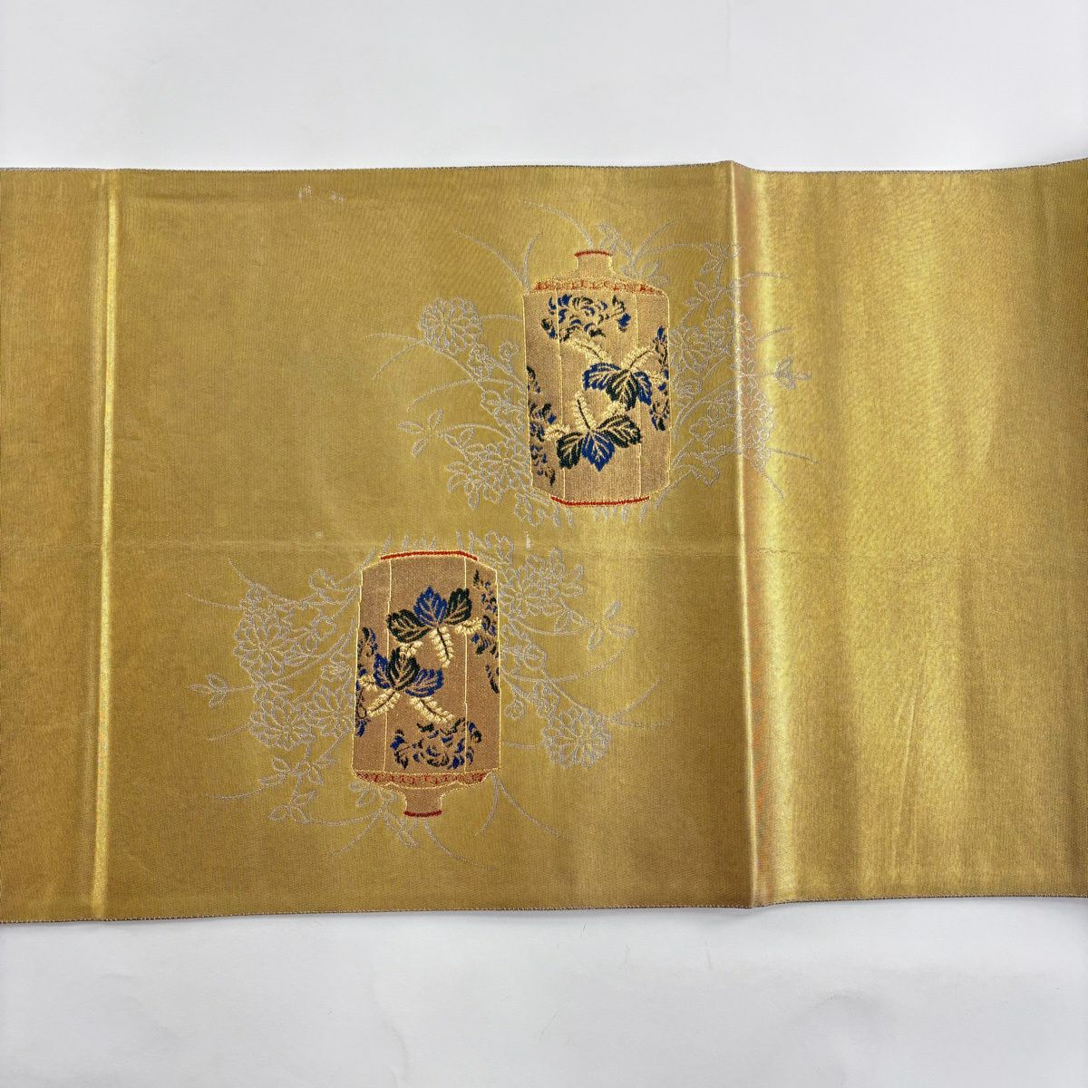 袋帶 秀品級 松樹尾光琳 落款 草花紋 陶器 金金箔 金色 大鼓圖案 純蠶絲