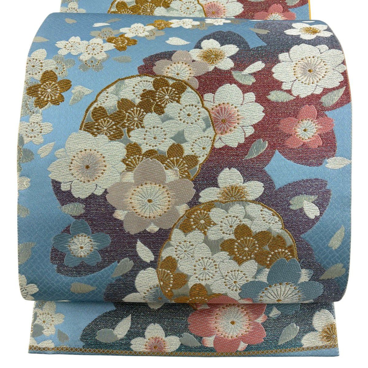 【美品】 袋帶 秀品級 櫻花 金絲 金金箔 水藍色 六通 純蠶絲