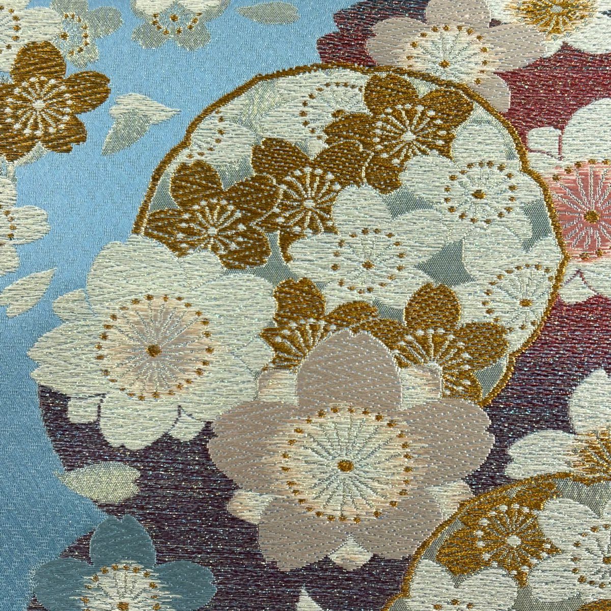 【美品】 袋帶 秀品級 櫻花 金絲 金金箔 水藍色 六通 純蠶絲