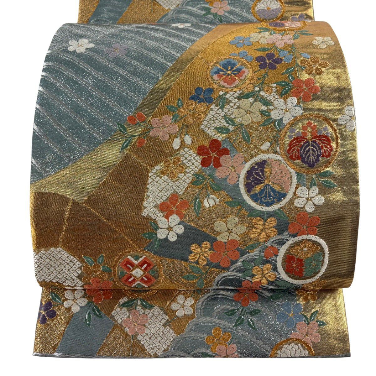【美品】 袋帶 秀品級 關西仕立 蘭 鎌倉文 金絲 唐織 淺綠 六通 純蠶絲