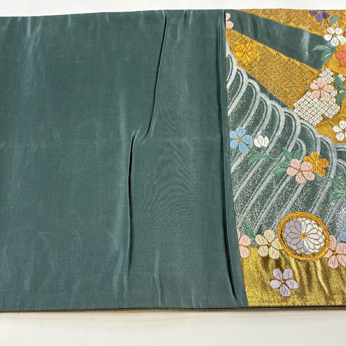 【美品】 袋帶 秀品級 關西仕立 蘭 鎌倉文 金絲 唐織 淺綠 六通 純蠶絲