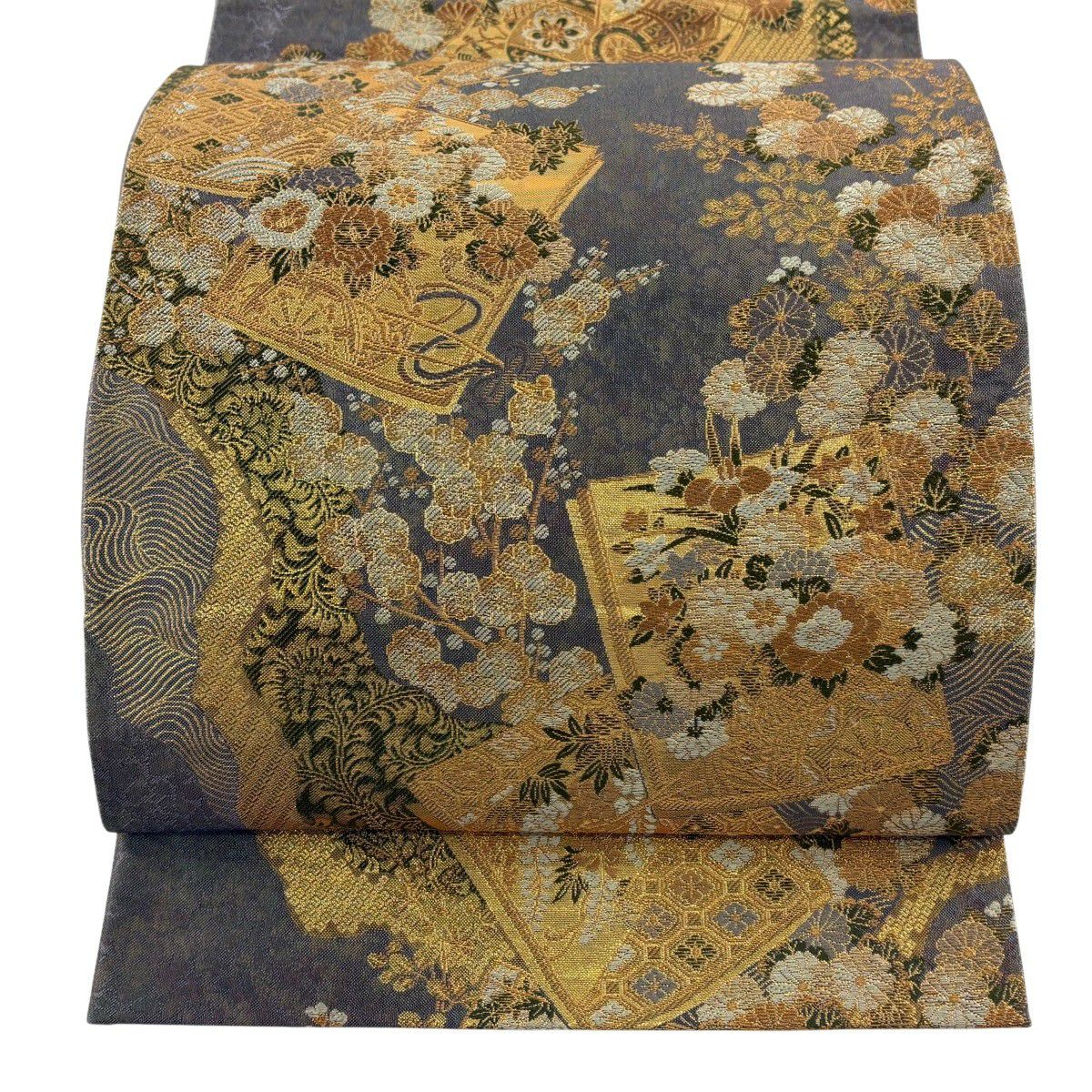 袋帶 秀品級 冊子 草花紋 金糸 金金箔 灰紫 六通 純蠶絲