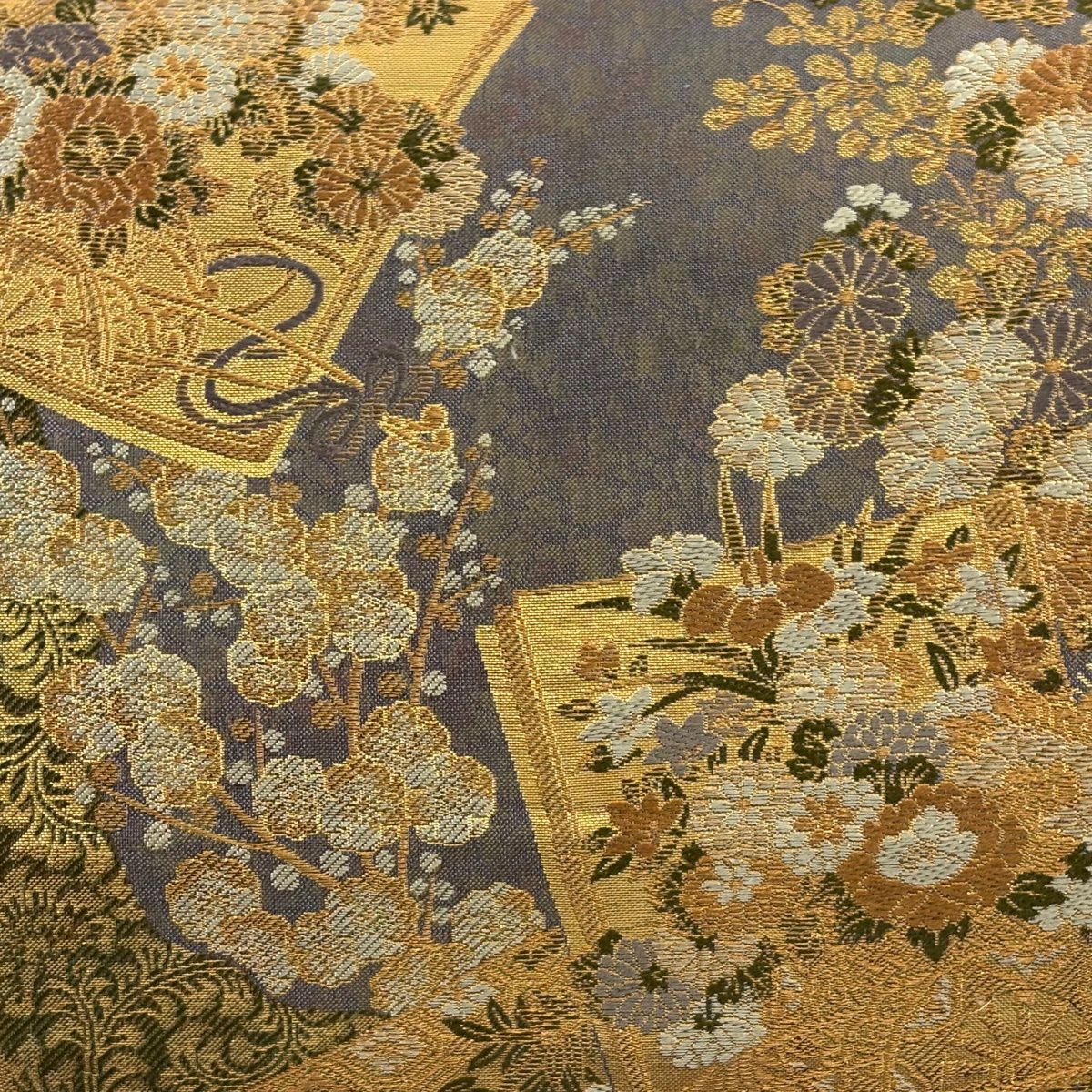 袋帶 秀品級 冊子 草花紋 金糸 金金箔 灰紫 六通 純蠶絲