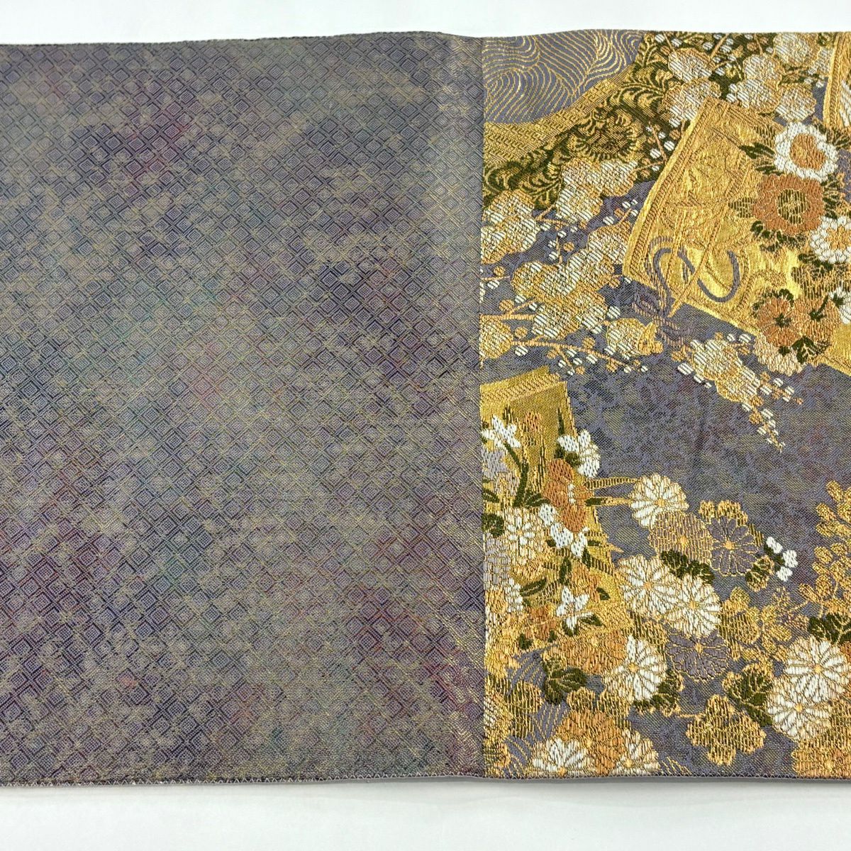 袋帶 秀品級 冊子 草花紋 金糸 金金箔 灰紫 六通 純蠶絲