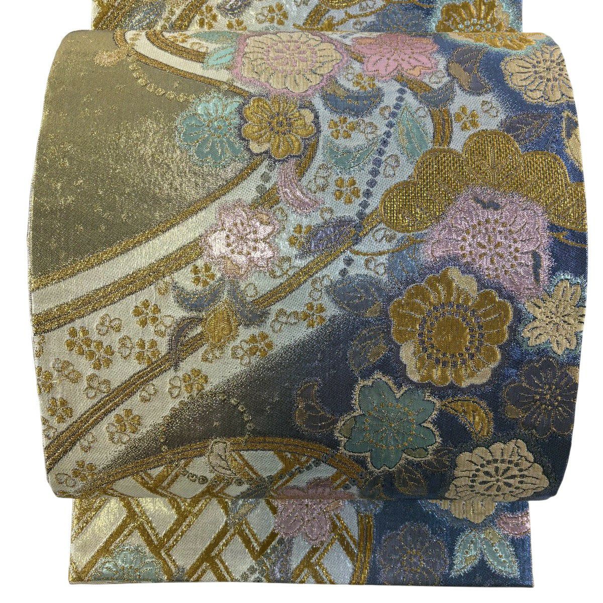 【美品】 袋帶 秀品級 草花紋 流水 金金箔 金絲 青 六通 純蠶絲