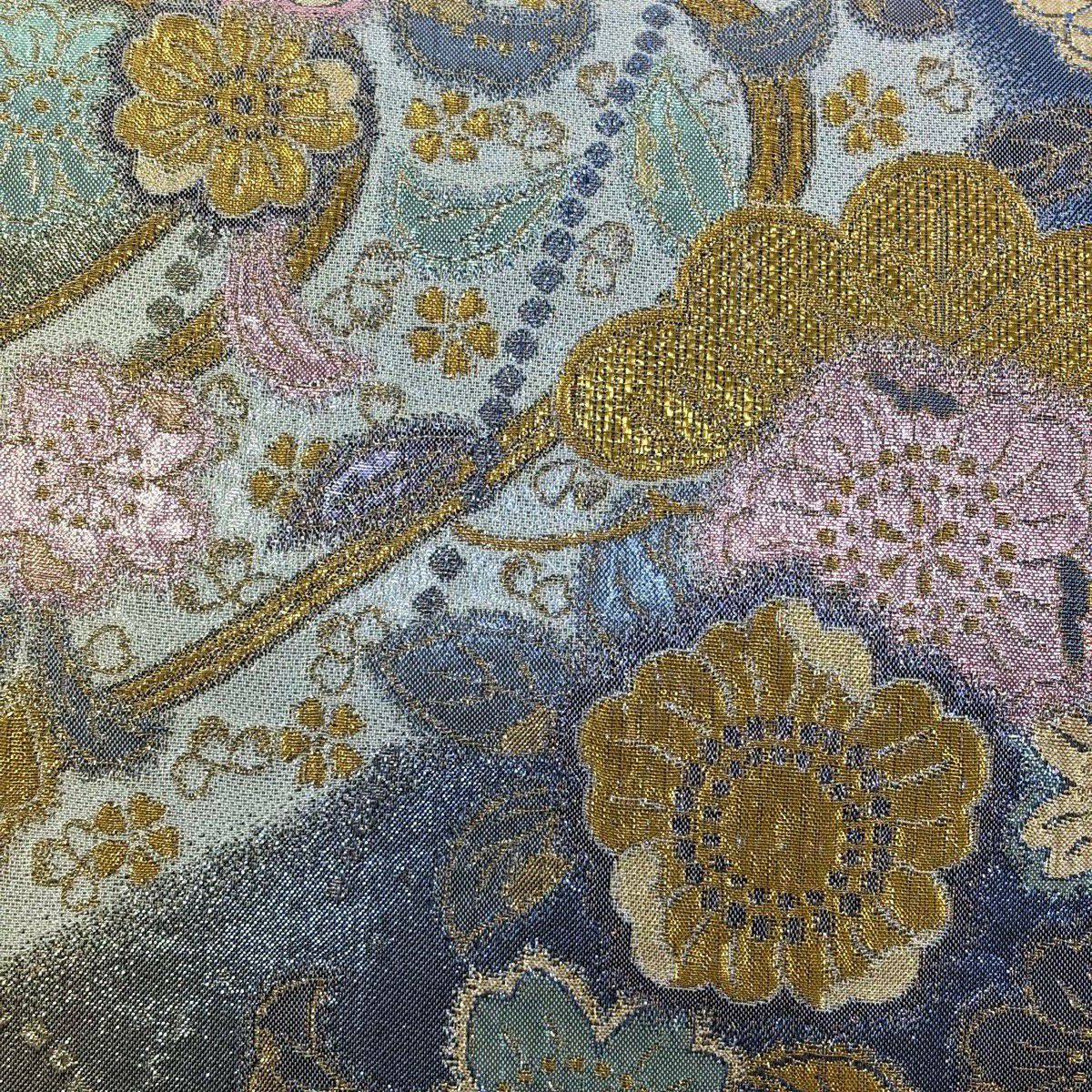 【美品】 袋帶 秀品級 草花紋 流水 金金箔 金絲 青 六通 純蠶絲