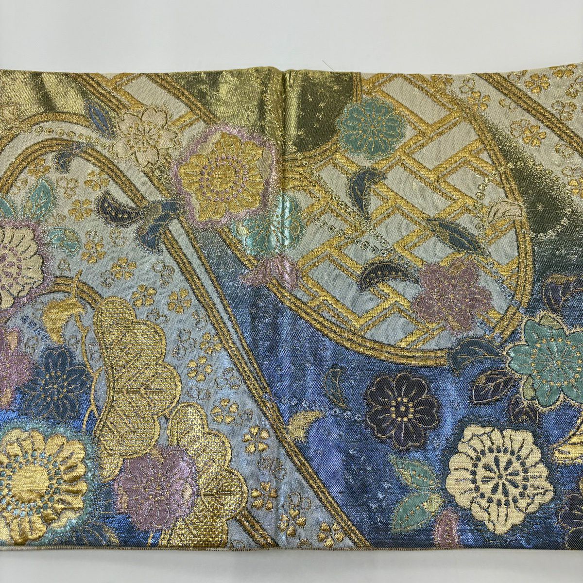 【美品】 袋帶 秀品級 草花紋 流水 金金箔 金絲 青 六通 純蠶絲