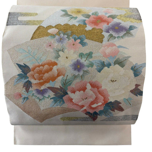名古屋帶 秀品級 松樹葉仕立 八寸名古屋帶 扇子面 草花紋 金銀彩 奶油色 純蠶絲
