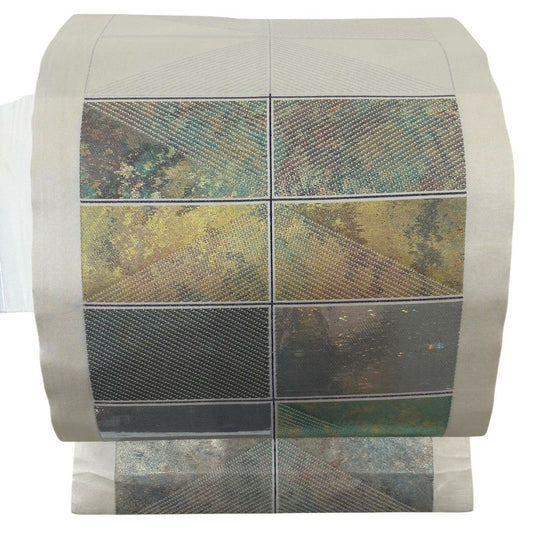 名古屋帶 秀品級 斜條 幾何圖案 金金箔 奶油色 純蠶絲