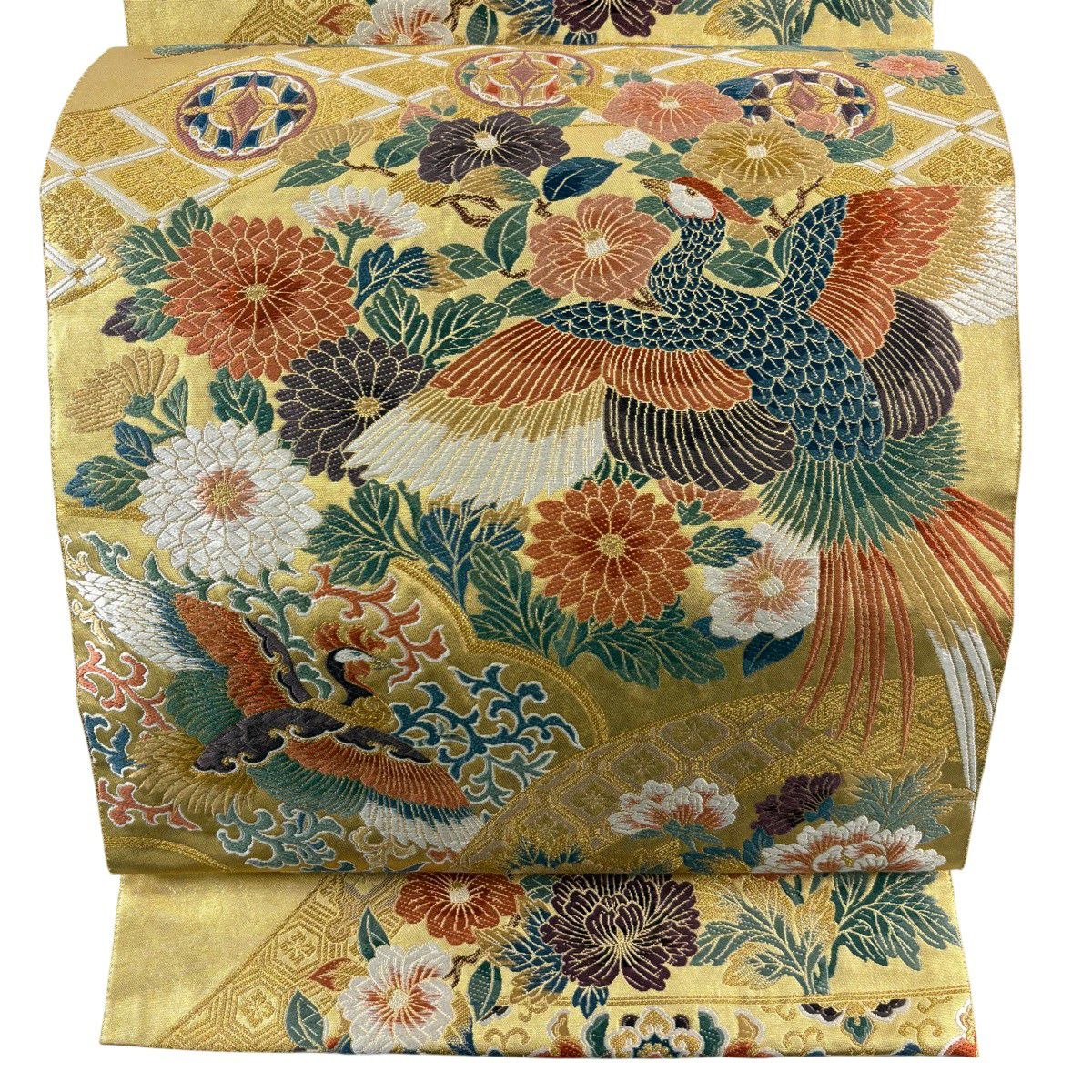 【美品】 袋帶 秀品級 鳳凰 菊花 唐織 金絲 金 六通 純蠶絲