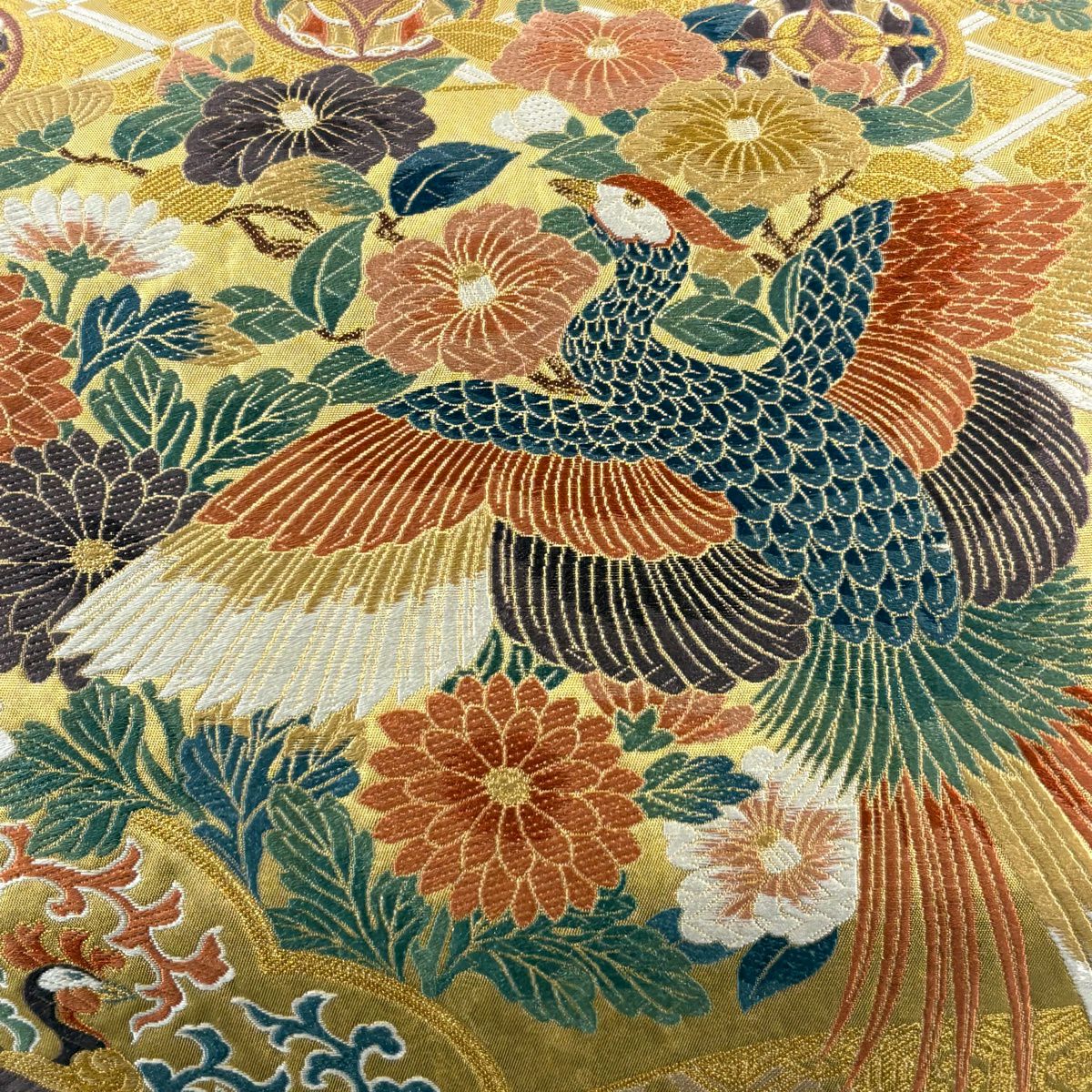 【美品】 袋帶 秀品級 鳳凰 菊花 唐織 金絲 金 六通 純蠶絲