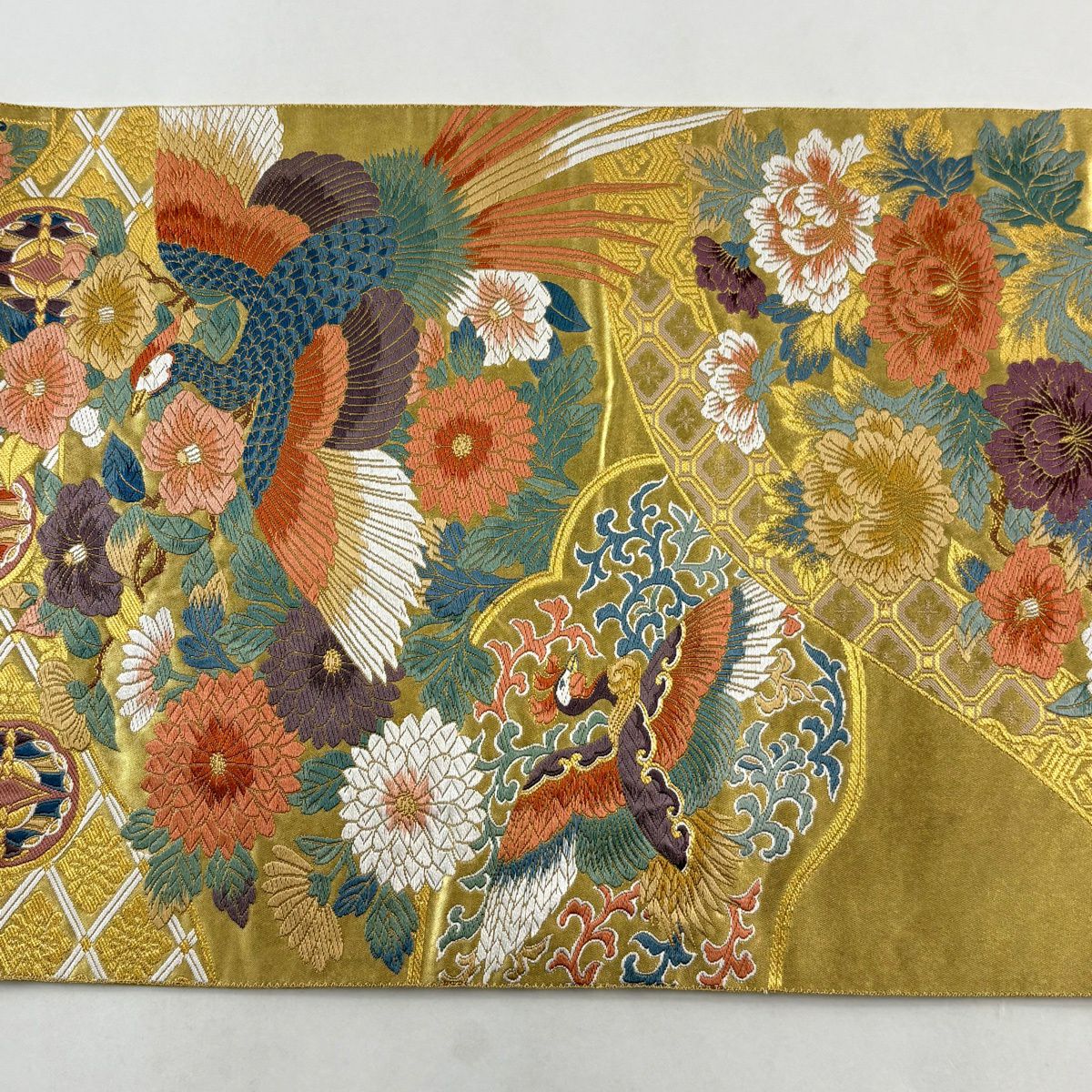 【美品】 袋帶 秀品級 鳳凰 菊花 唐織 金絲 金 六通 純蠶絲