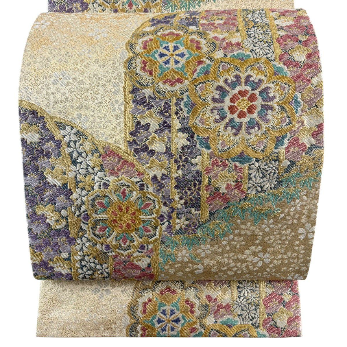 【美品】 袋帶 秀品級 華紋 草花紋 金絲 金金箔 金色 六通 純蠶絲