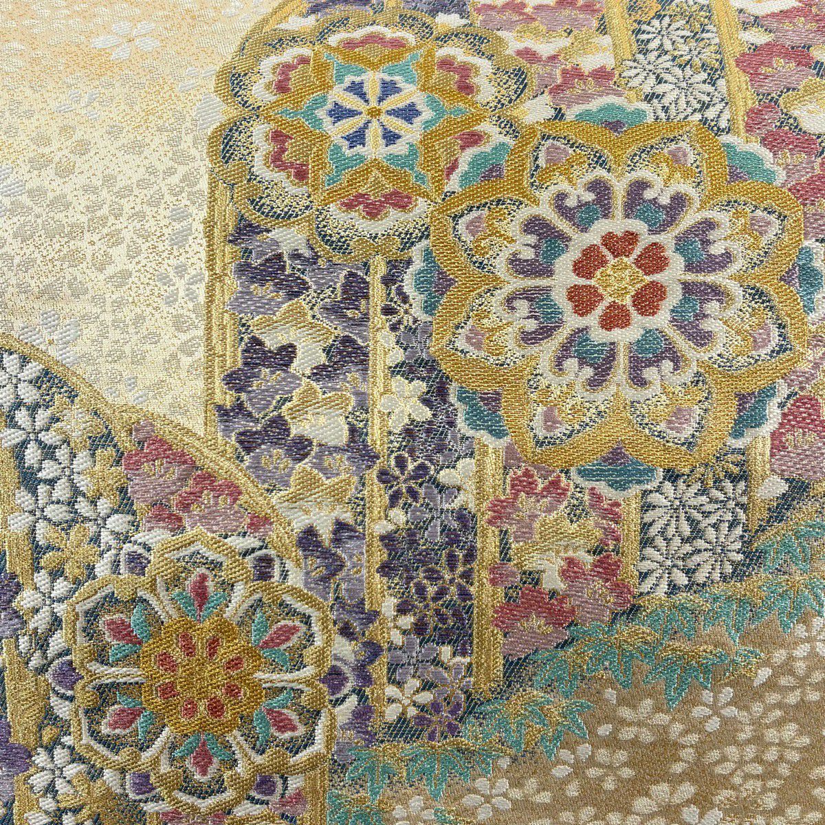 【美品】 袋帶 秀品級 華紋 草花紋 金絲 金金箔 金色 六通 純蠶絲