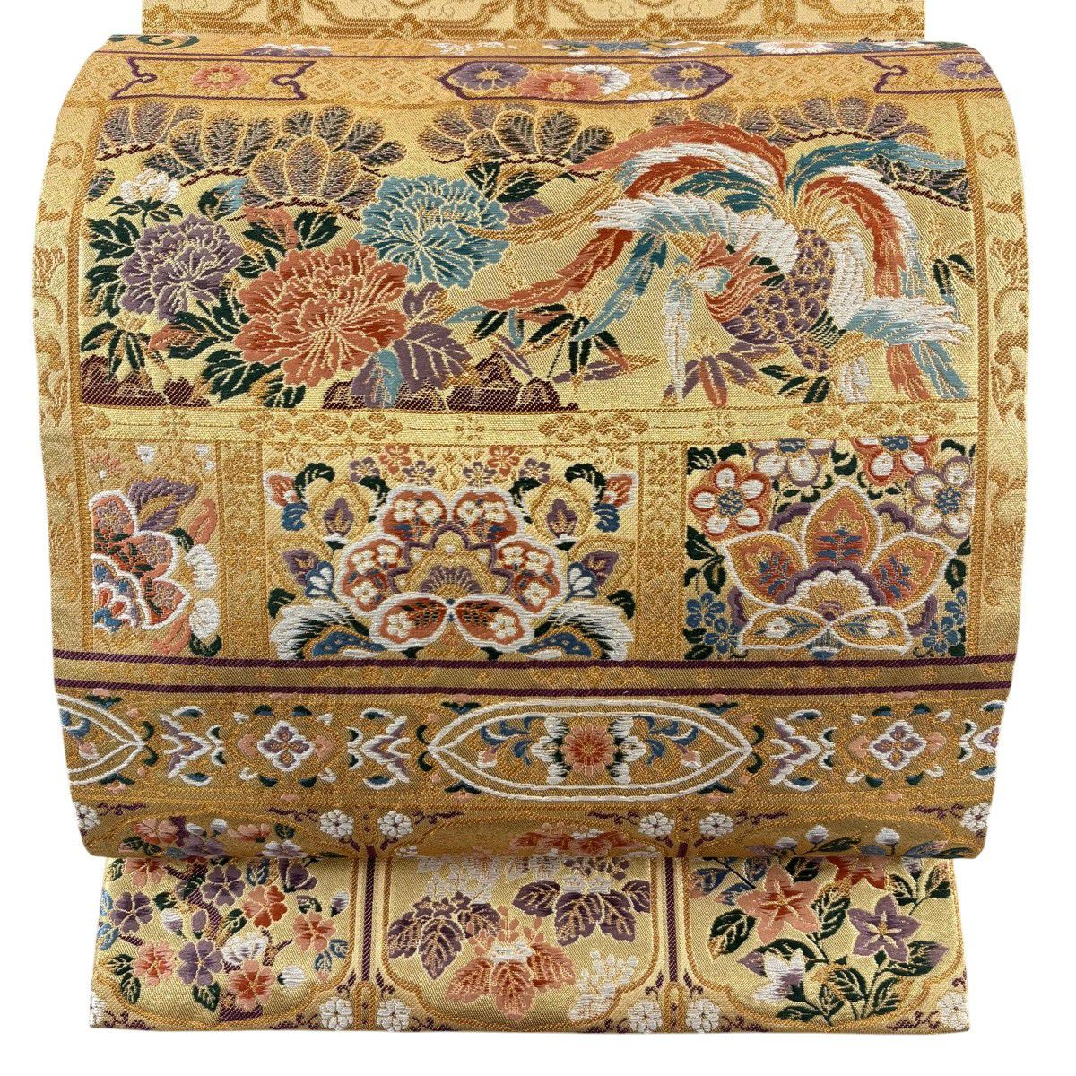 【美品】 袋帶 秀品級 格天井 花鳥 金絲 金金箔 金 お太鼓圖案 純蠶絲