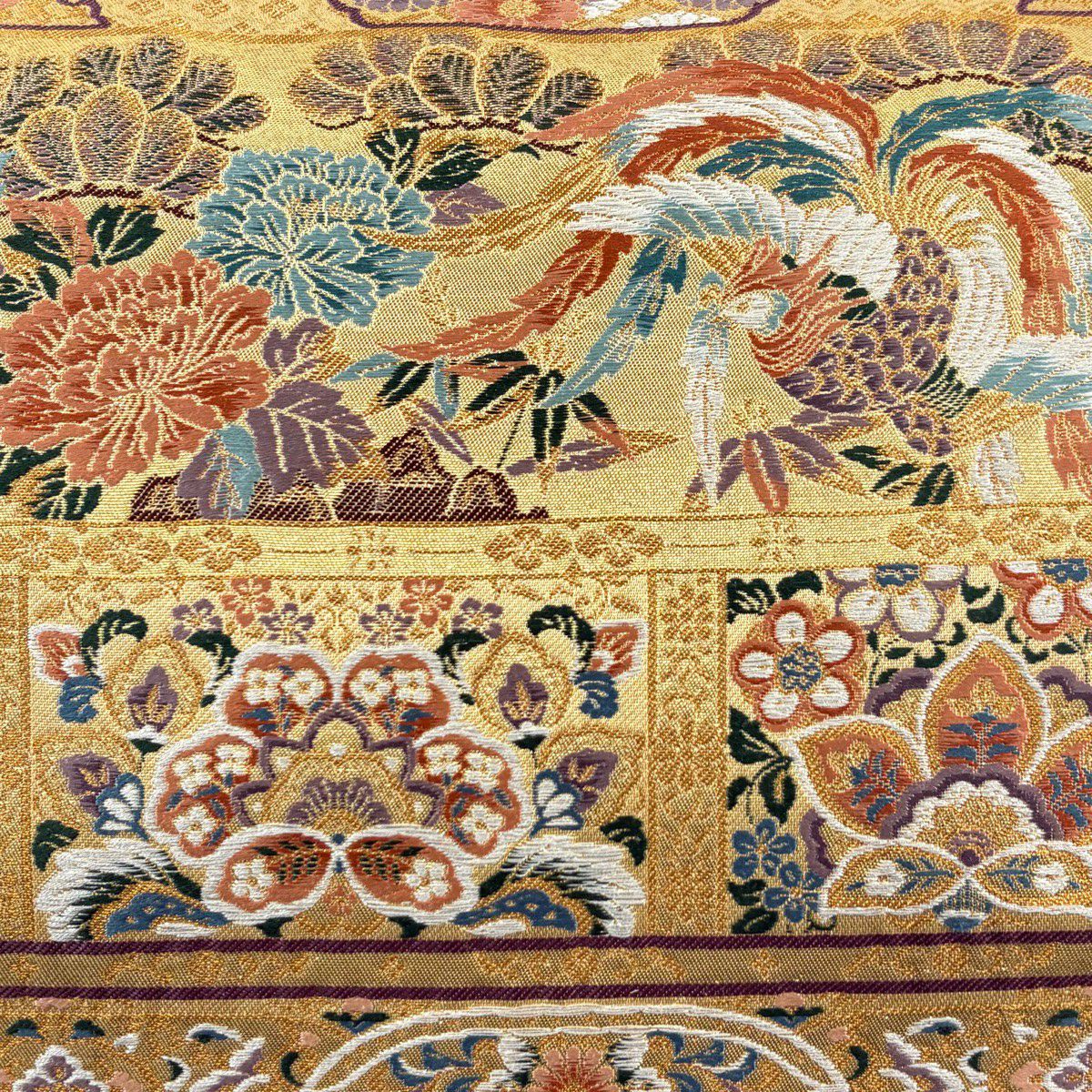 【美品】 袋帶 秀品級 格天井 花鳥 金絲 金金箔 金 お太鼓圖案 純蠶絲