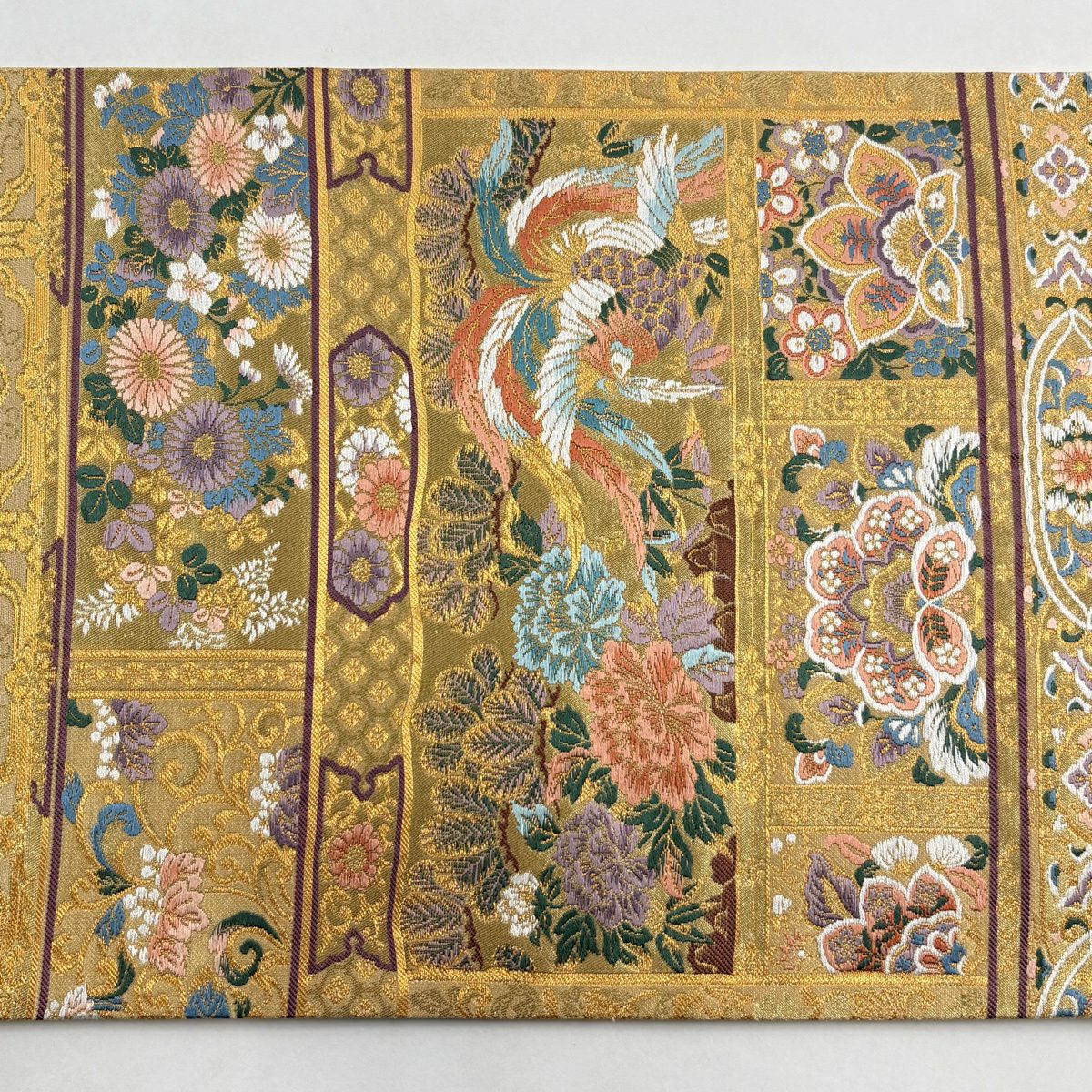 【美品】 袋帶 秀品級 格天井 花鳥 金絲 金金箔 金 お太鼓圖案 純蠶絲