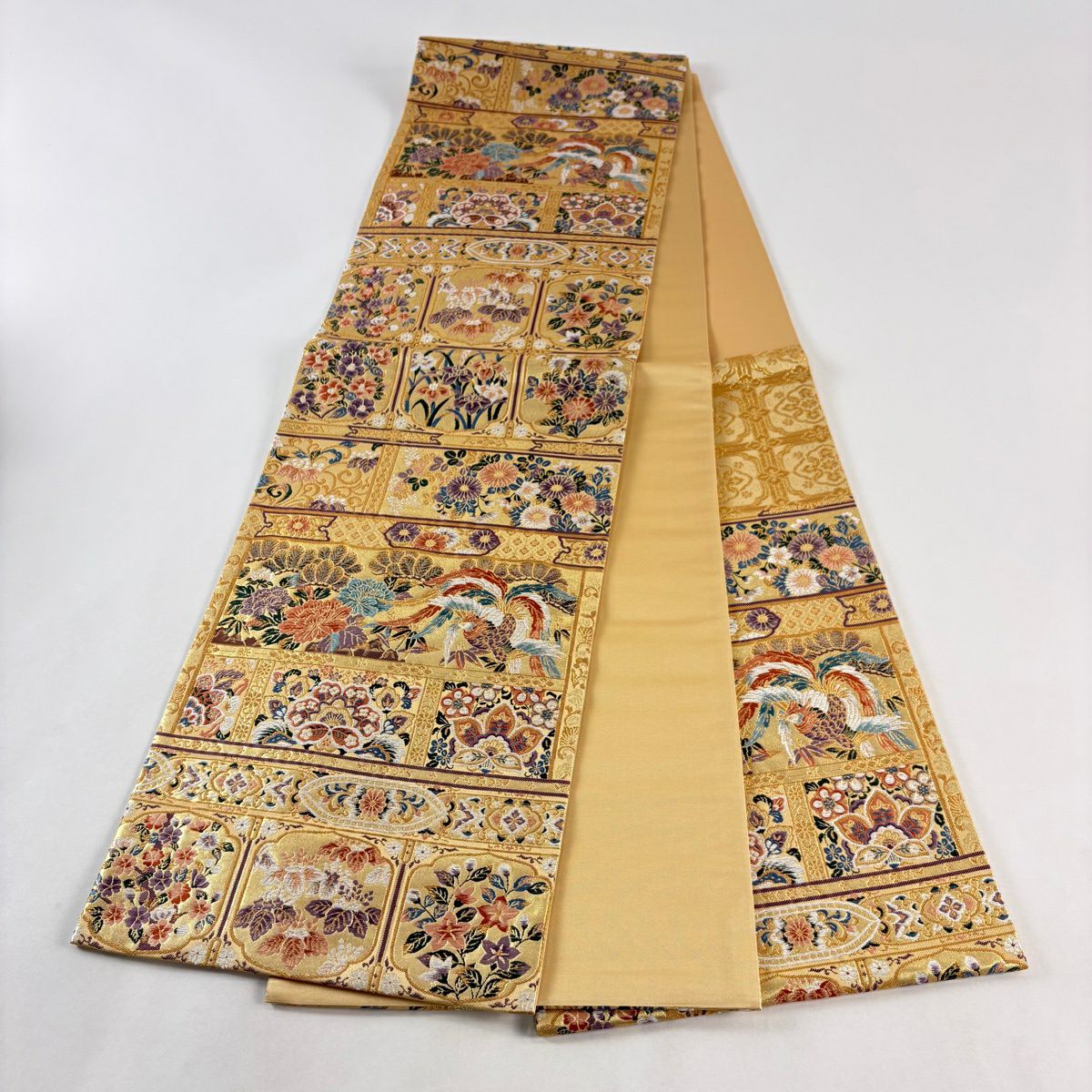 【美品】 袋帶 秀品級 格天井 花鳥 金絲 金金箔 金 お太鼓圖案 純蠶絲