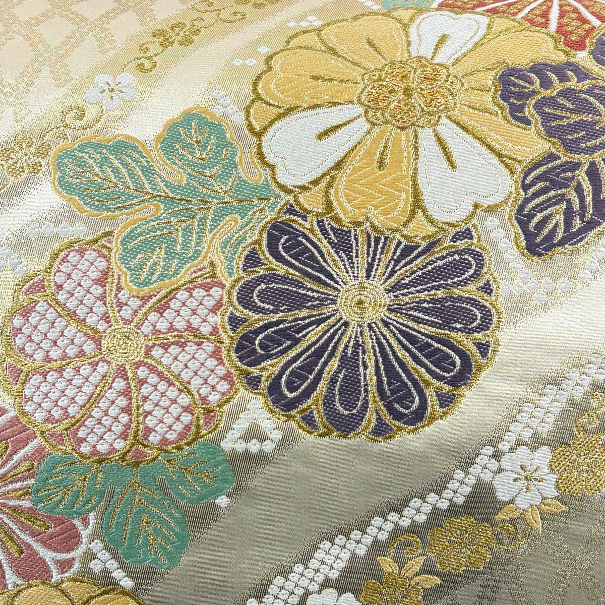 袋帶 秀品級 關西仕立 草花紋 疋田紋 金絲 金金箔 金 六通 純蠶絲