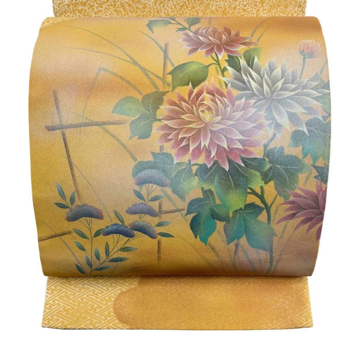 【美品】 袋帶 秀品級 落款あり 草花紋紋 紗綾形 金彩裝飾 山吹 深藍色 お太鼓柄 純蠶絲