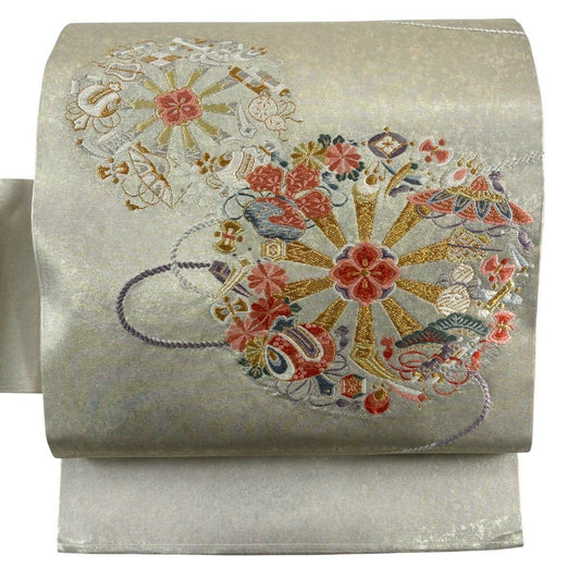 名古屋帶 秀品級 關西仕立 寶盡くし 花菱 刺繡 金銀彩 銀色 純蠶絲