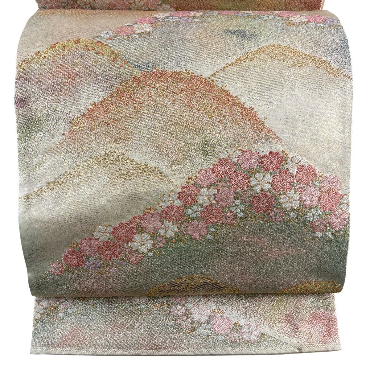 【美品】 袋帶 秀品級 關西仕立 山並 櫻花 金絲 金金箔 金色 六通 純蠶絲