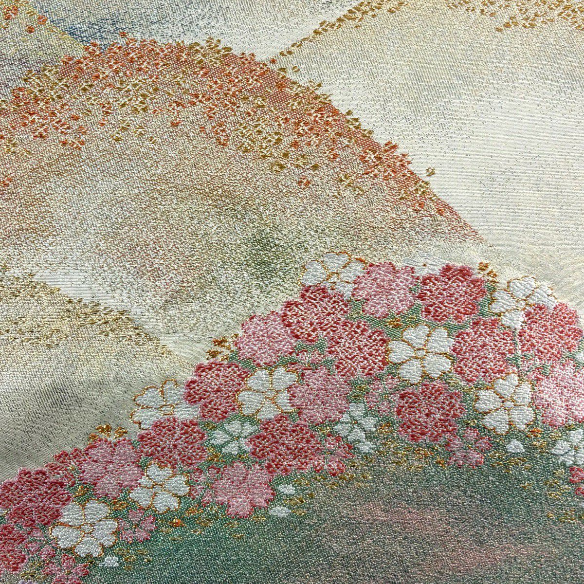 【美品】 袋帶 秀品級 關西仕立 山並 櫻花 金絲 金金箔 金色 六通 純蠶絲